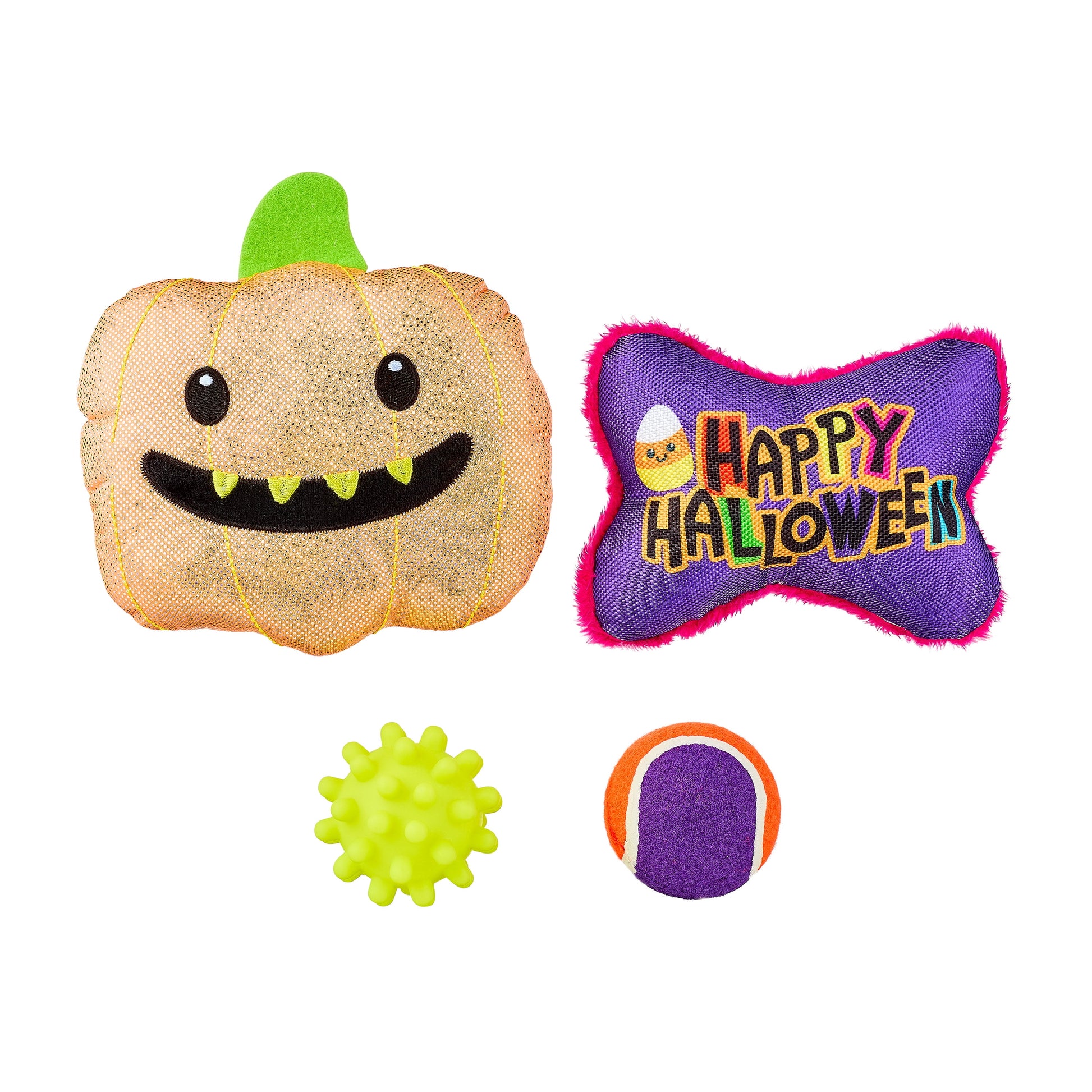 Halloween Dog Toys, 4 Piece Multipack, Orange Plush Pumpkin, Purple Squeaky Bone, Multicolored Tennis Ball, Yellow Spiky Ball