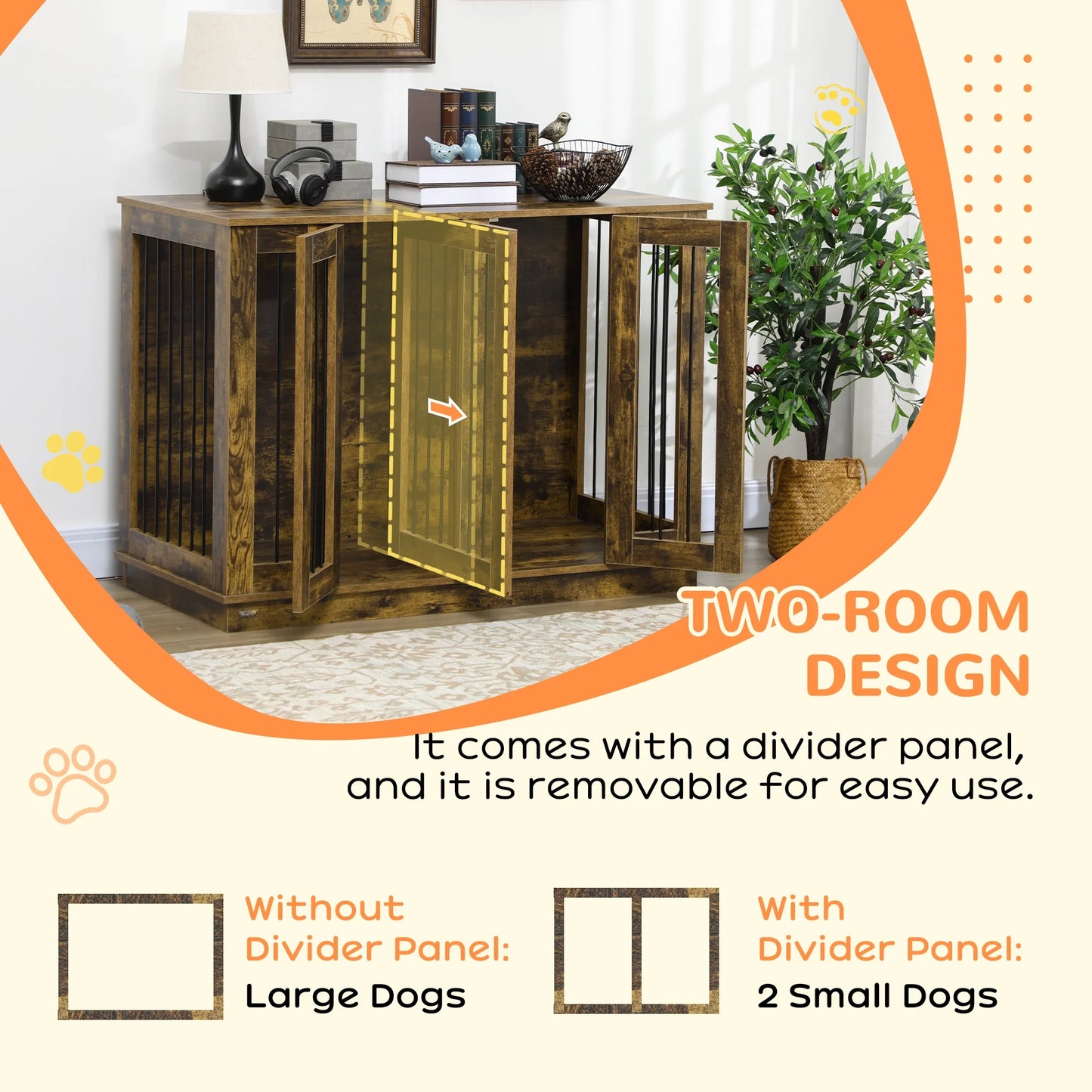 Large Furniture Style Dog Crate with Removable Panel Rustic Brown