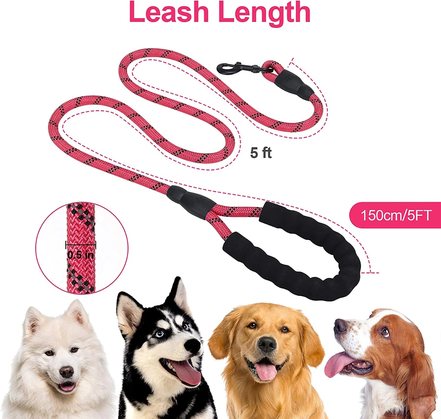 Reflective Strong Rope Dog Leash with Comfortable Padded Handle Heavy Duty Metal Clasp for Dogs for Pets (5 FT)PINK