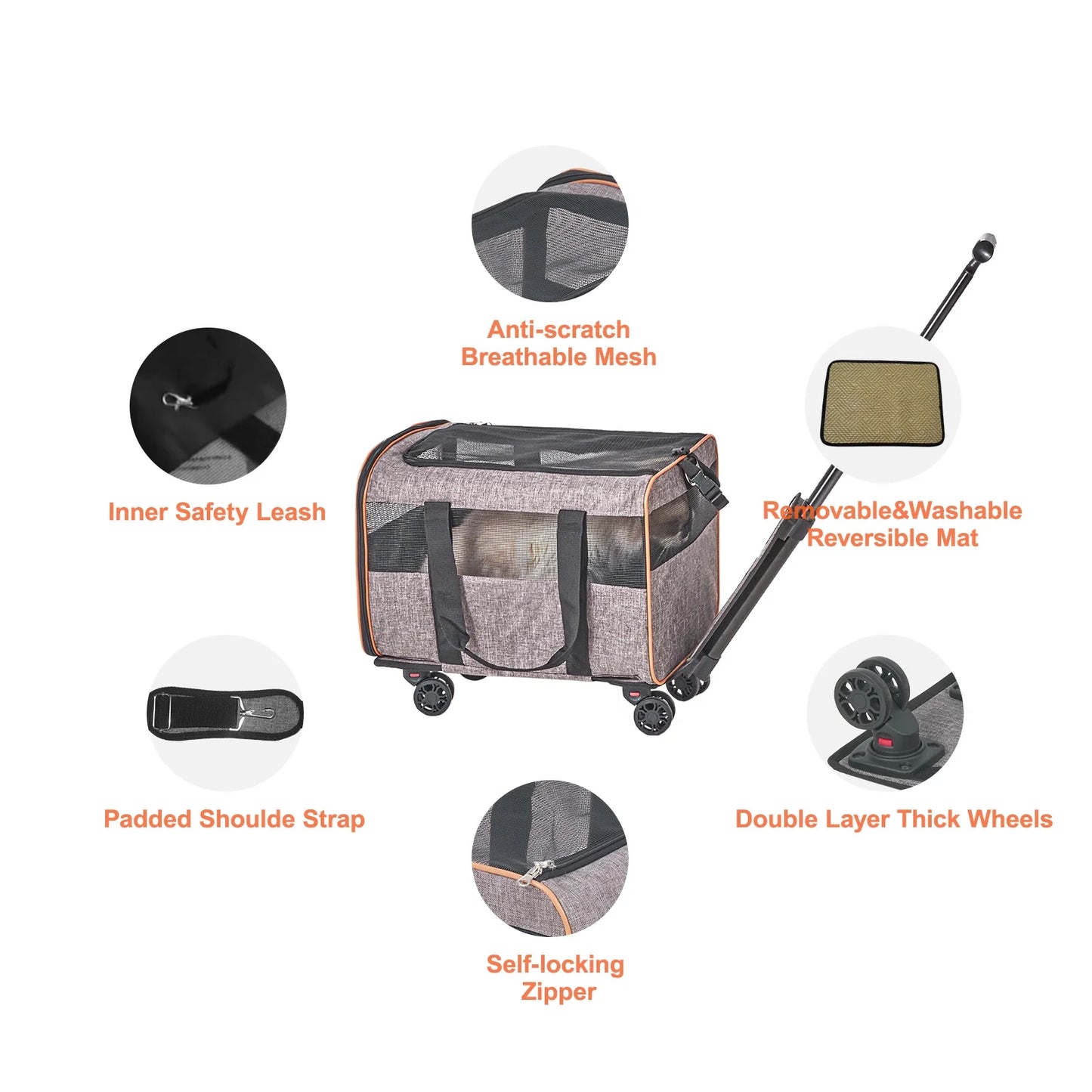 Cat Carrier with Wheels Airline Approved Rolling Pet Carrier 22 Lbs Grey for Cat Dog Small Medium Animals Kitten Puppy