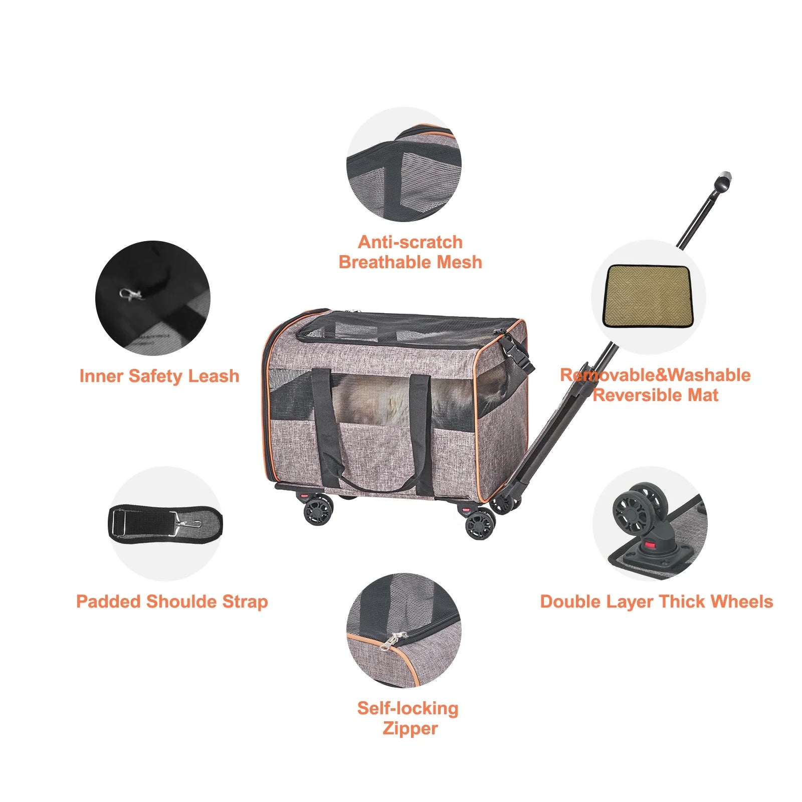 Cat Carrier with Wheels Airline Approved Rolling Pet Carrier 22 Lbs Grey for Cat Dog Small Medium Animals Kitten Puppy
