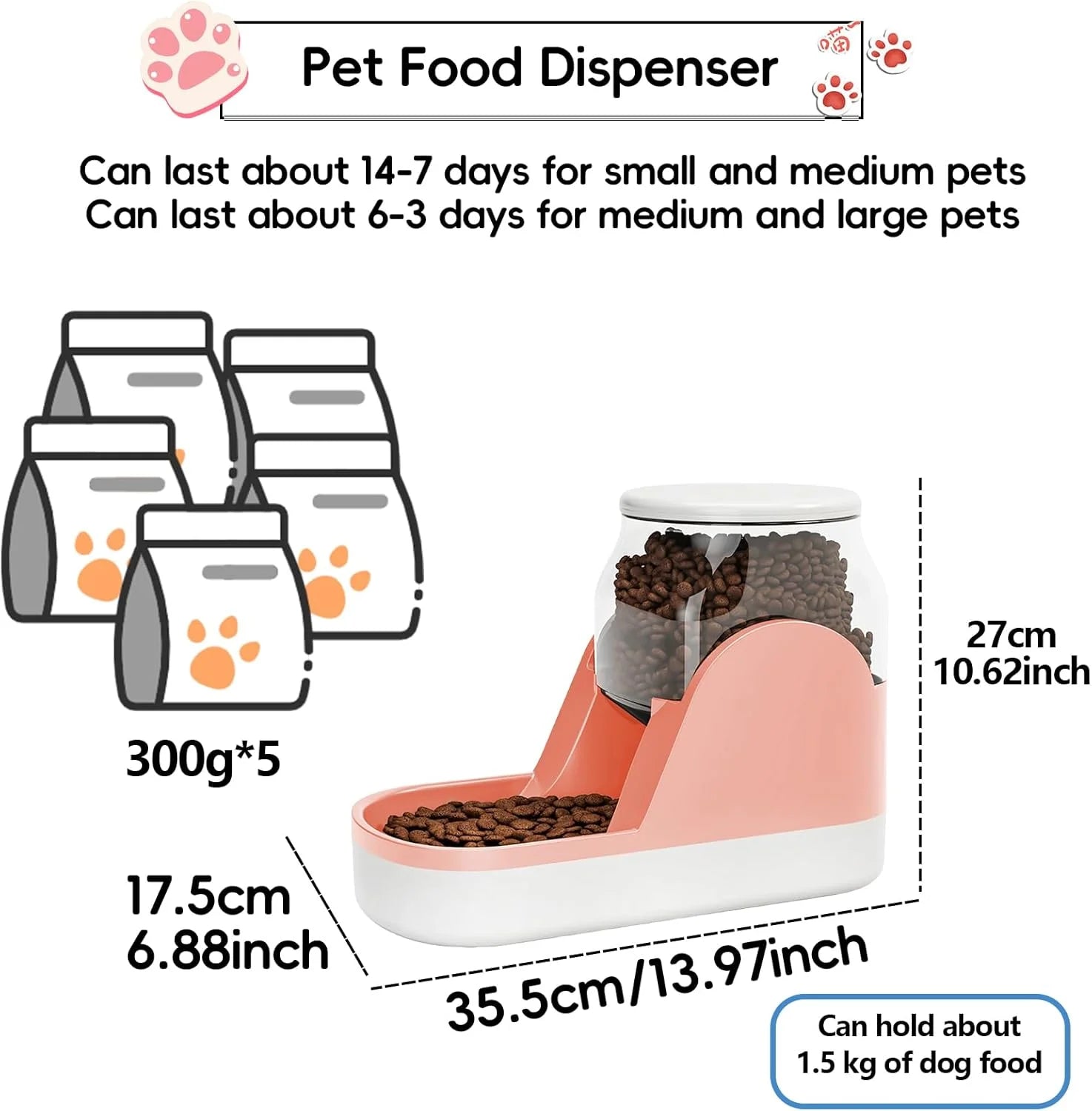 Automatic Dog Food Feeder Gravity Cat Food Dispenser Large Capacity Pet Self Feeding Station Bowl Dish for Small and Medium Dogs Cats,1 Gallon,Pink