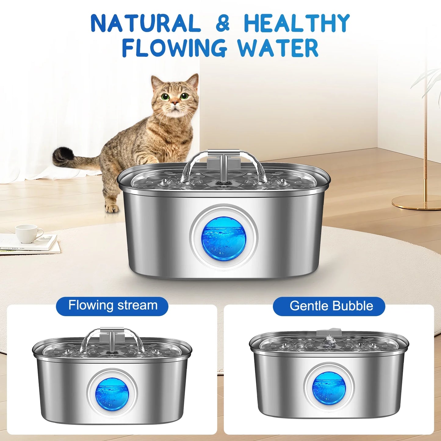 Cat Water Fountain Stainless Steel, 108Oz/3.2L Pet Fountain with Water Level Window, Dog Water Dispenser Drinking Fountain with 4 Replacement Filters for Cats, Dogs