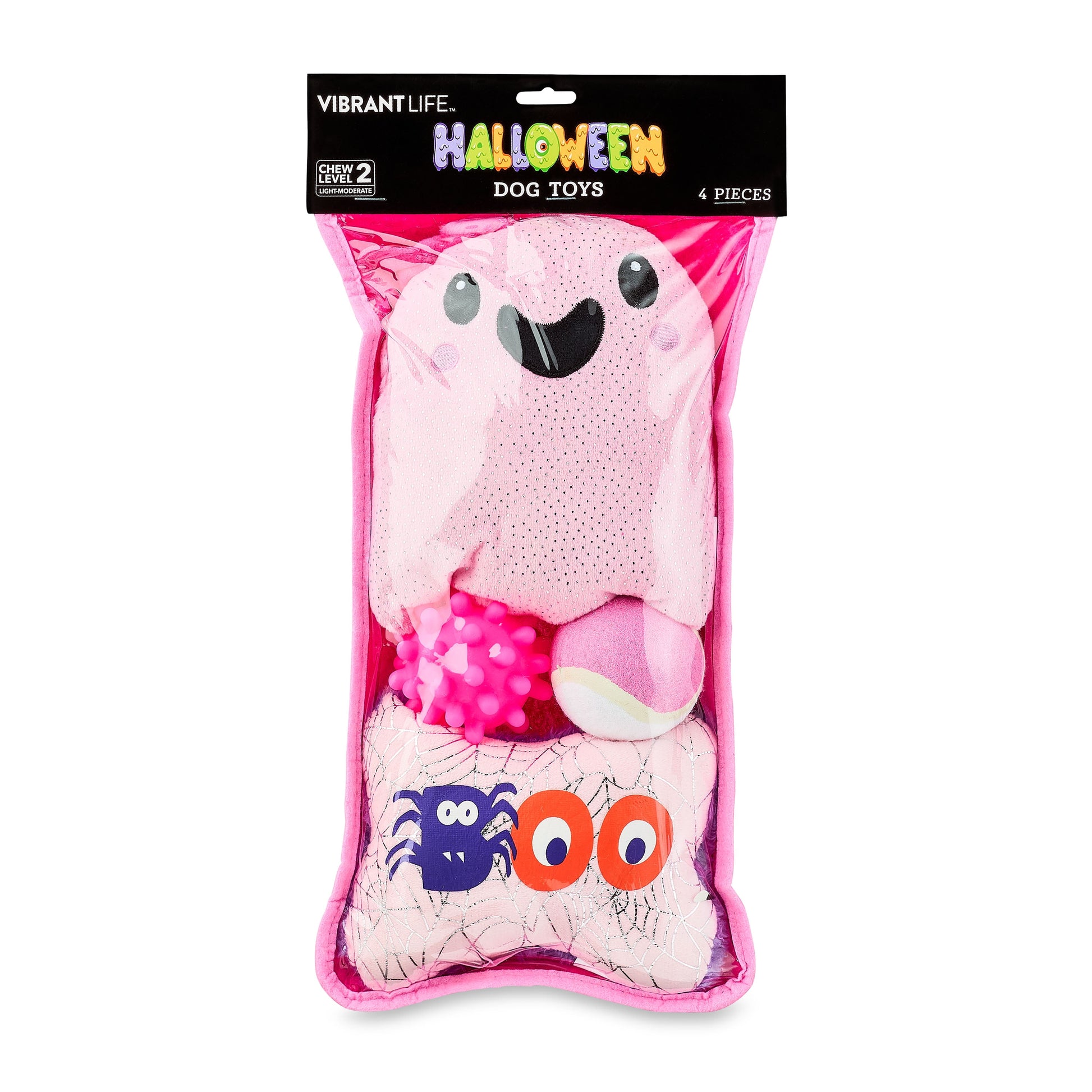 Halloween Dog Toys, 4 Piece Multipack, Pink Plush Ghost, Pink Squeaky Bone, Pink Tennis Ball, Pink Spiky Ball