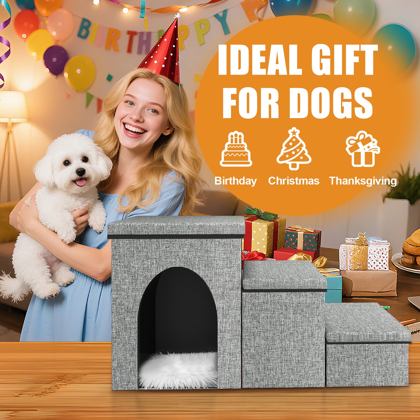 Dog Step Stair, 3-Step Pet Stairs with Storage Boxes, 17" Folding Dog Ramp Ladder for Small Medium Dogs