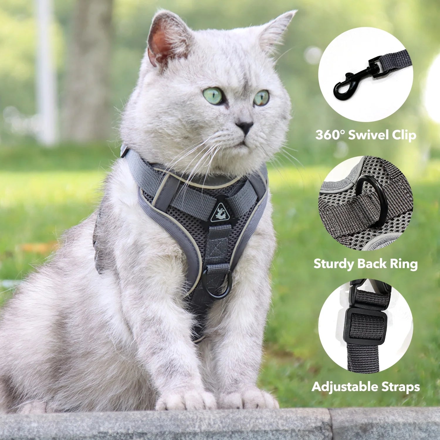Cat Harness and Leash Set for Walking, Escape Proof Soft Adjustable Vest Harnesses with Reflective Strips for Cat and Puppy, Gray, M