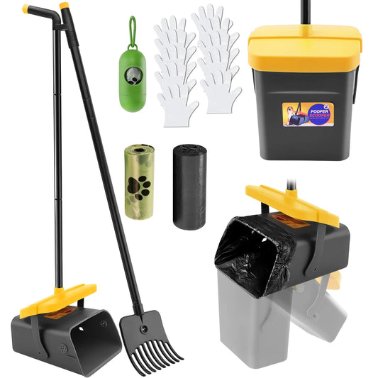 Pooper Scooper for Large Medium Small Dog, 46" Long Adjustable Portable Handle Dog Pooper Scooper Swivel Bin & Rake with 35 Waste Bag, Heavy Duty Poop Scooper for Yard