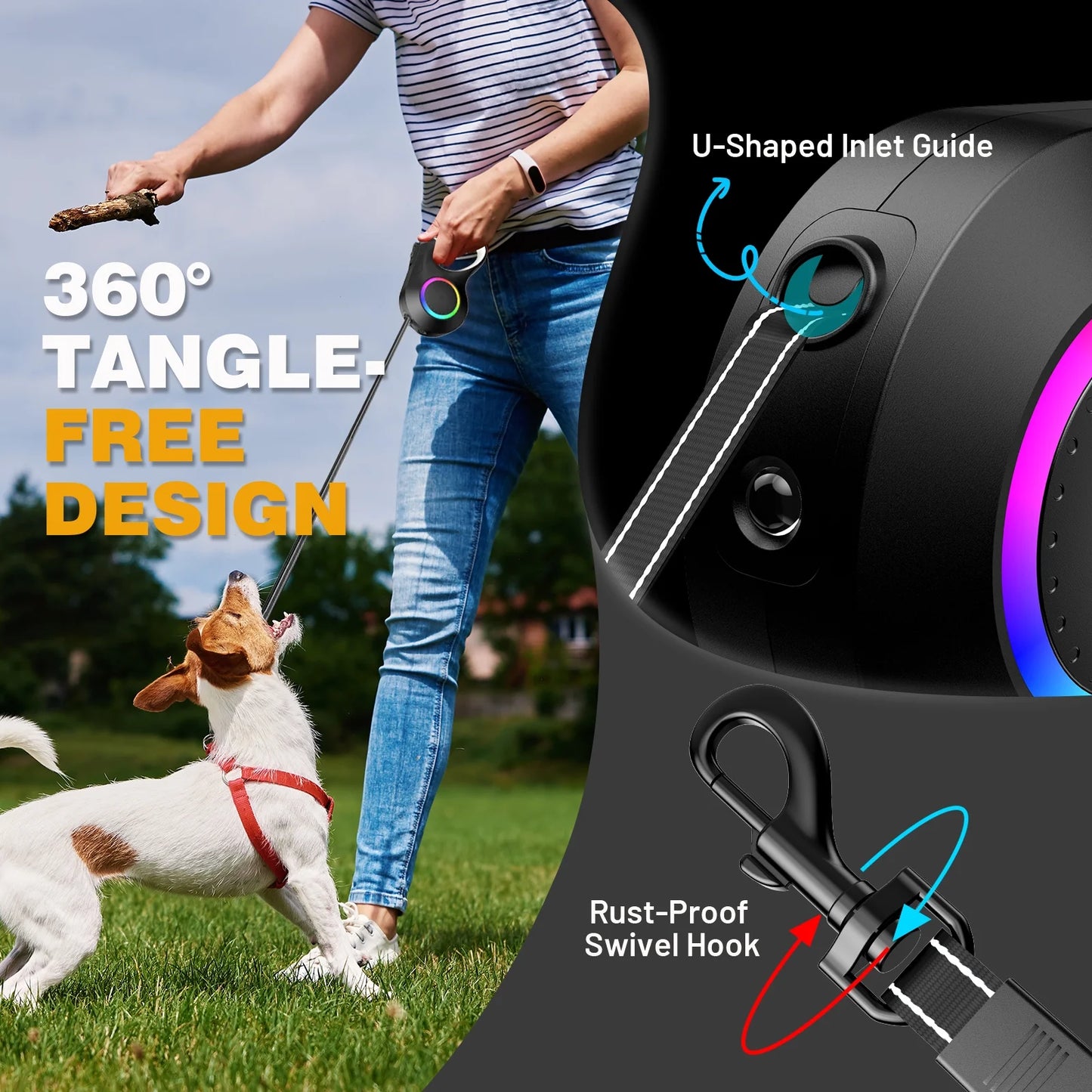 Retractable Dog Leash with Chew Proof Wire Rope, 20Ft Dog Leash Retractable Withlight, Poop Bag Dispenser