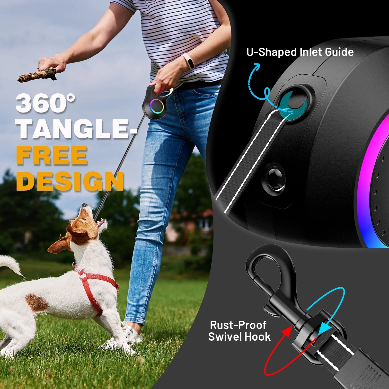 Retractable Dog Leash with Chew Proof Wire Rope, 20Ft Dog Leash Retractable Withlight, Poop Bag Dispenser