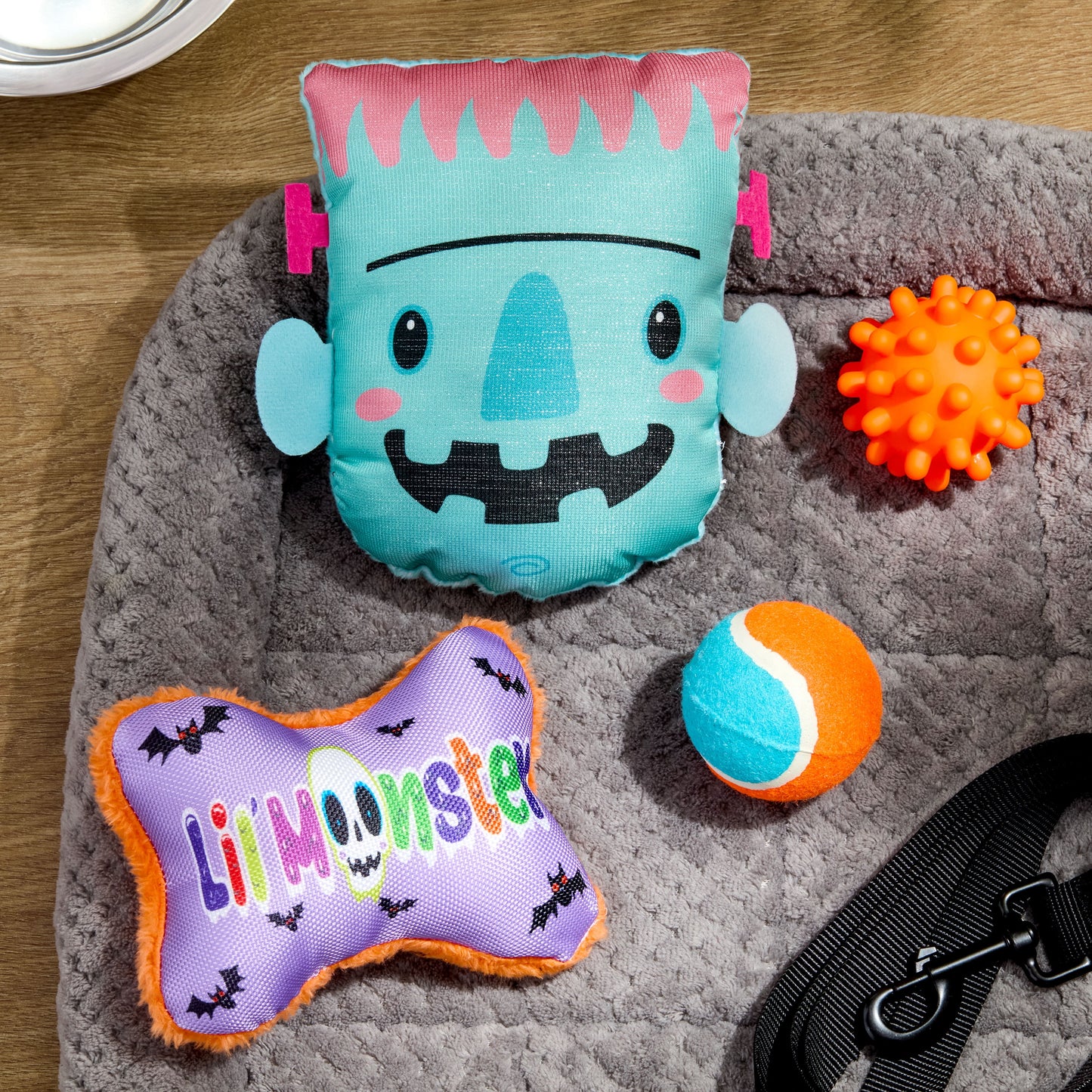 Halloween Dog Toys, 4 Piece Multipack, Teal Plush Frankenstein, Purple Squeaky Bone, Multicolored Tennis Ball, Orange Spiky Ball