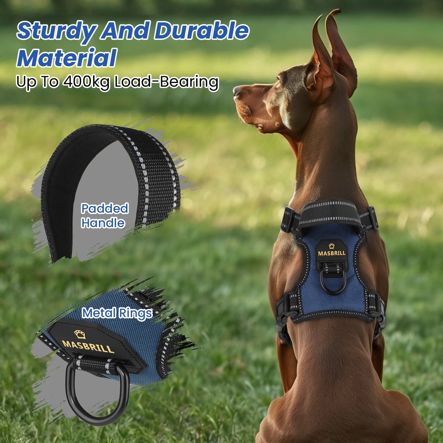 Reflective Dog Harness No Pull Dog Vest Harness with Handle, Breathable Padded Dog Chest Harness Adjustable for Large Dog-Blue XL