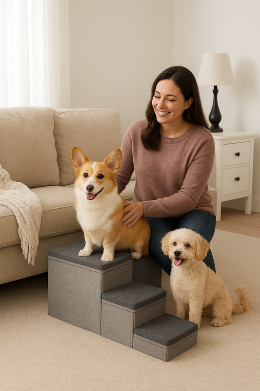 Folding Pet Ramp – 3-Step Dog Ladder with Built-In Storage