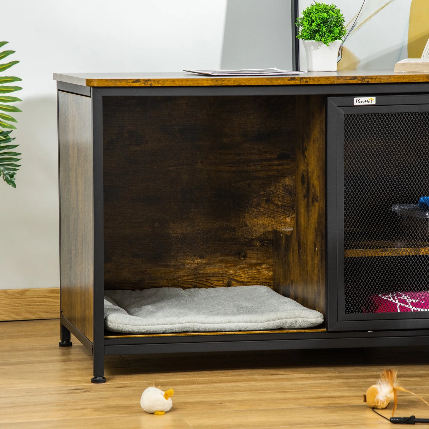 Cat Kennel, Furniture Style Dog Cage, Wood & Steel End Table Pet House with Cushion and Sliding Doors, Rustic Brown