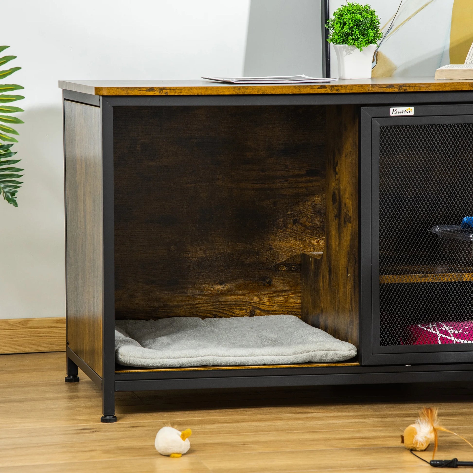 Cat Kennel, Furniture Style Dog Cage, Wood & Steel End Table Pet House with Cushion and Sliding Doors, Rustic Brown
