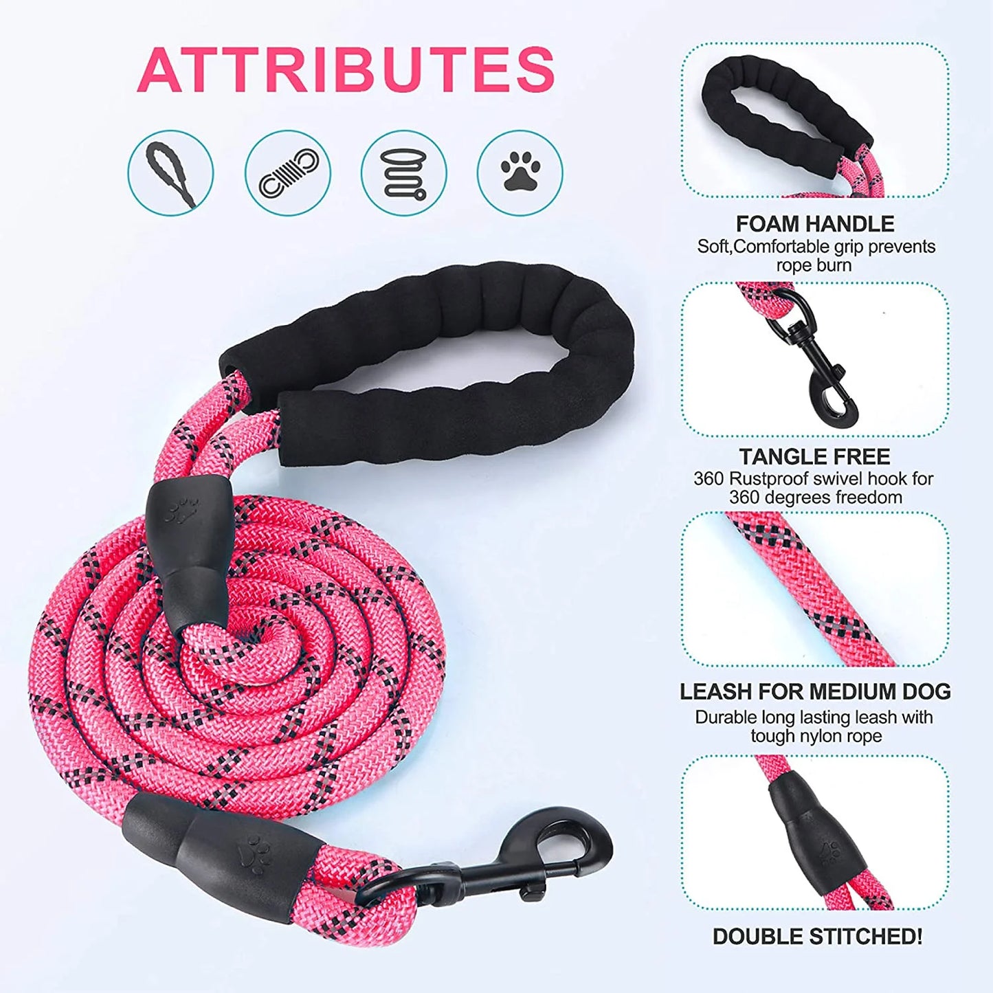 Reflective Strong Rope Dog Leash with Comfortable Padded Handle Heavy Duty Metal Clasp for Dogs for Pets (5 FT)PINK