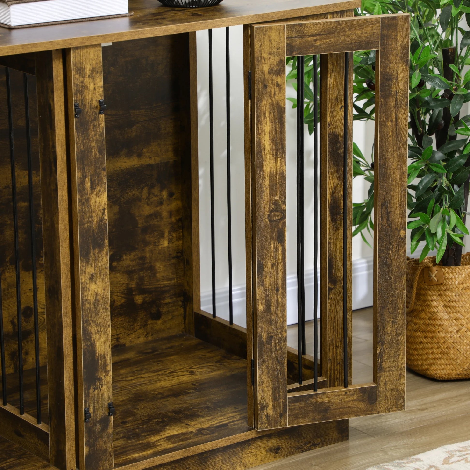 Large Furniture Style Dog Crate with Removable Panel Rustic Brown
