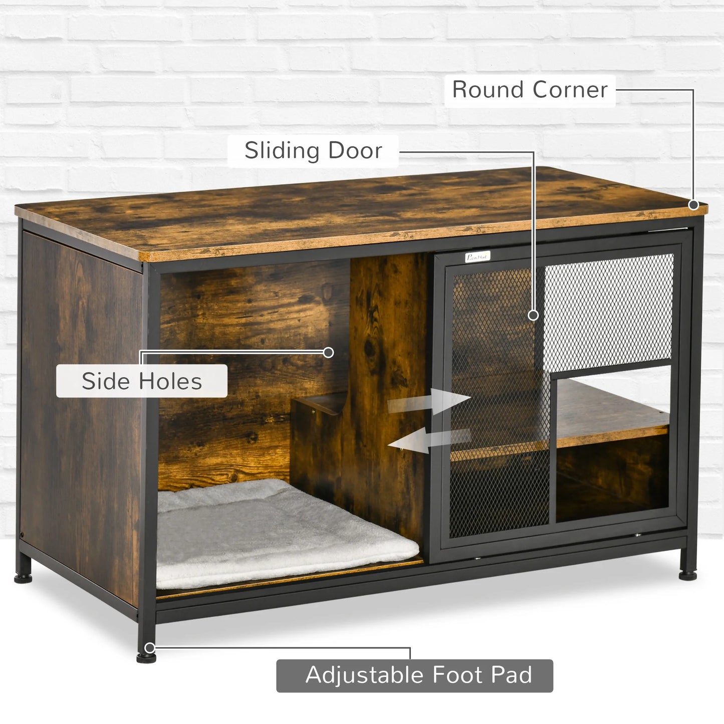 Cat Kennel, Furniture Style Dog Cage, Wood & Steel End Table Pet House with Cushion and Sliding Doors, Rustic Brown