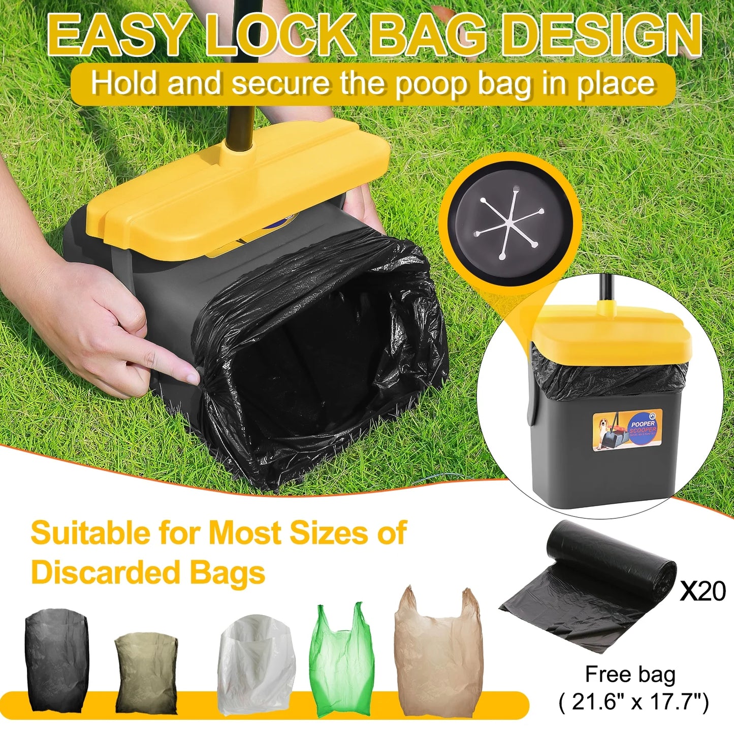 Pooper Scooper for Large Medium Small Dog, 46" Long Adjustable Portable Handle Dog Pooper Scooper Swivel Bin & Rake with 35 Waste Bag, Heavy Duty Poop Scooper for Yard