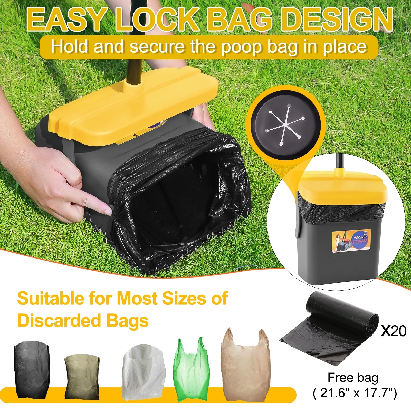 Pooper Scooper for Large Medium Small Dog, 46" Long Adjustable Portable Handle Dog Pooper Scooper Swivel Bin & Rake with 35 Waste Bag, Heavy Duty Poop Scooper for Yard