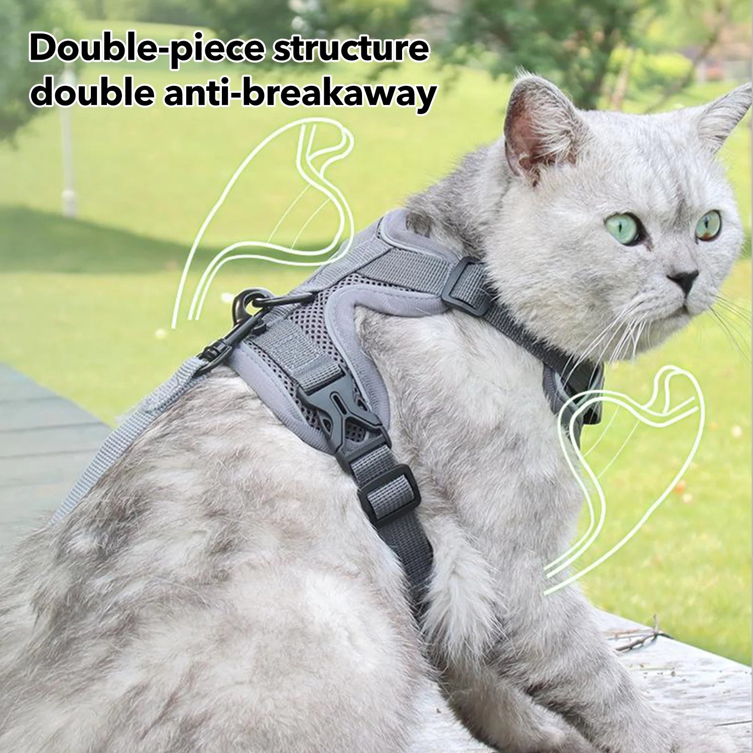 Cat Harness and Leash Set for Walking, Escape Proof Soft Adjustable Vest Harnesses with Reflective Strips for Cat and Puppy, Gray, M