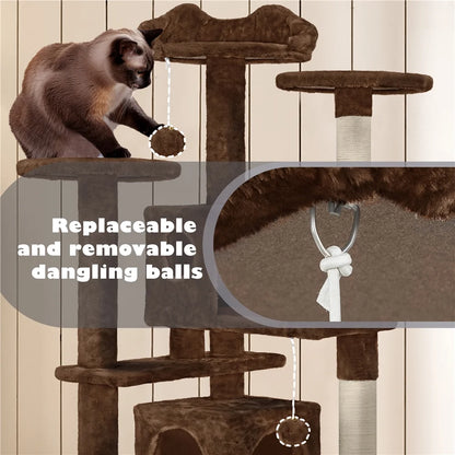 53.9" H Cat Tree with Double Condos, Scratching Posts & Ramp, Brown