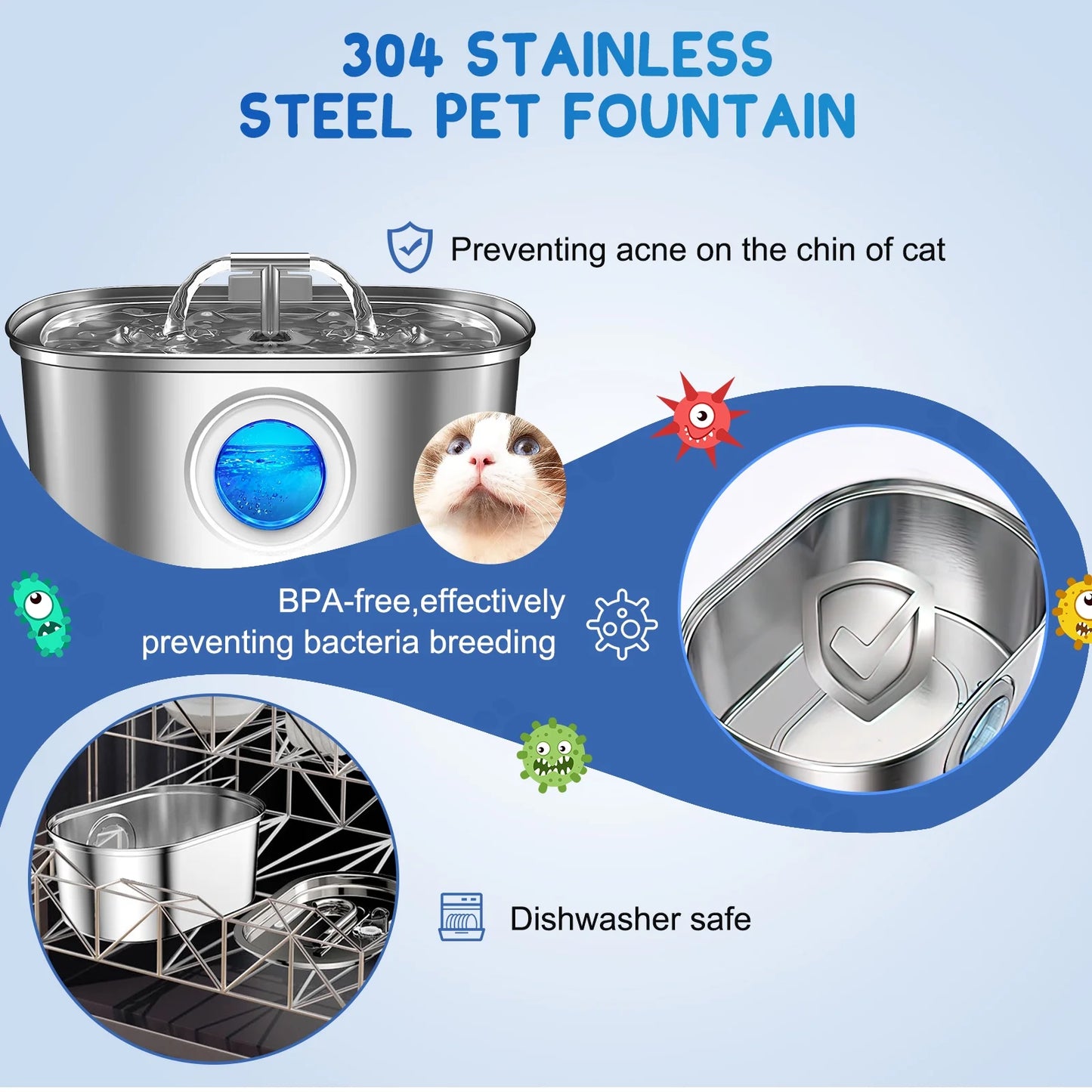 Cat Water Fountain Stainless Steel,  108Oz/3.2L Pet Fountain with Water Level Window, Dog Water Dispenser Drinking Fountain with 4 Replacement Filters for Cats, Dogs