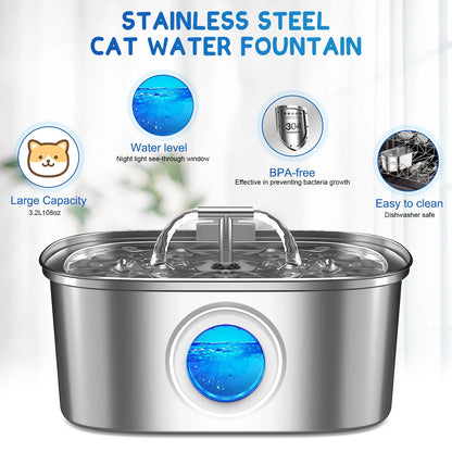 Cat Water Fountain Stainless Steel,  108Oz/3.2L Pet Fountain with Water Level Window, Dog Water Dispenser Drinking Fountain with 4 Replacement Filters for Cats, Dogs