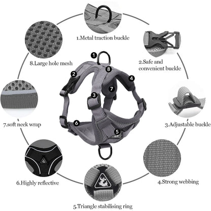 Cat Harness and Leash Set for Walking, Escape Proof Soft Adjustable Vest Harnesses with Reflective Strips for Cat and Puppy, Gray, M