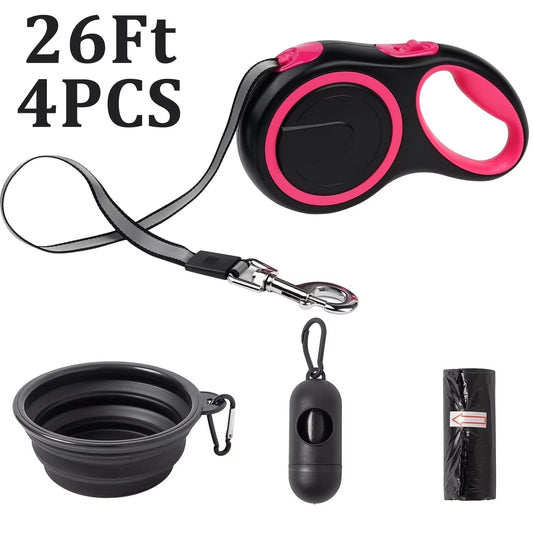 4 Pack Retractable Dog Leash,26Ft Dog Leash for Small Medium Large Dogs up to 110Lbs,360° Tangle-Free Reflective Nylon Tape,Adjustable Length,With Anti-Slip Handle,One-Handed Brake,Pause,Lock