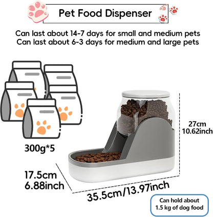 Automatic Dog Food Feeder Gravity Cat Food Dispenser Large Capacity Pet Self Feeding Station Bowl Dish for Small and Medium Dogs Cats，1 Gallon，Grey