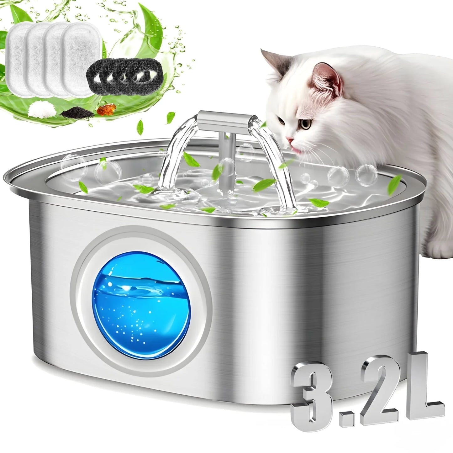 Cat Water Fountain Stainless Steel,  108Oz/3.2L Pet Fountain with Water Level Window, Dog Water Dispenser Drinking Fountain with 4 Replacement Filters for Cats, Dogs