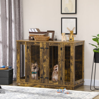 Large Furniture Style Dog Crate with Removable Panel Rustic Brown