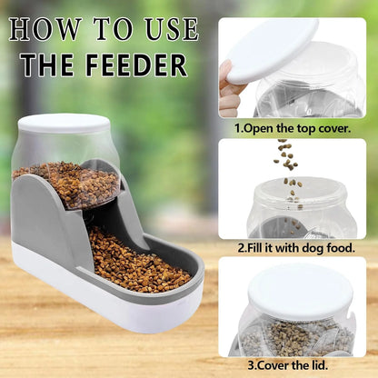 Automatic Dog Food Feeder Gravity Cat Food Dispenser Large Capacity Pet Self Feeding Station Bowl Dish for Small and Medium Dogs Cats，1 Gallon，Grey