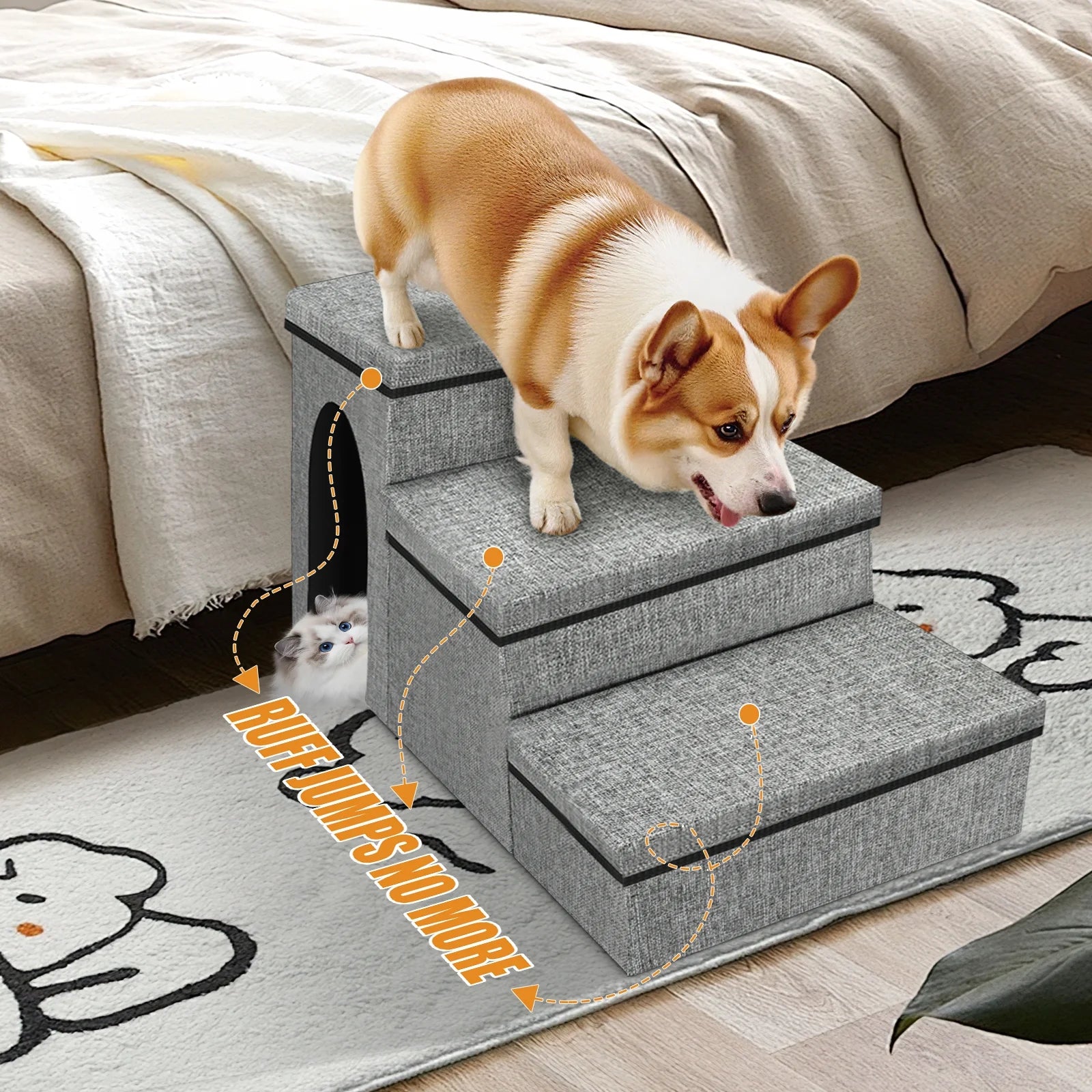 Dog Step Stair, 3-Step Pet Stairs with Storage Boxes, 17" Folding Dog Ramp Ladder for Small Medium Dogs