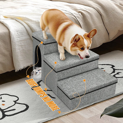 Dog Step Stair, 3-Step Pet Stairs with Storage Boxes, 17" Folding Dog Ramp Ladder for Small Medium Dogs