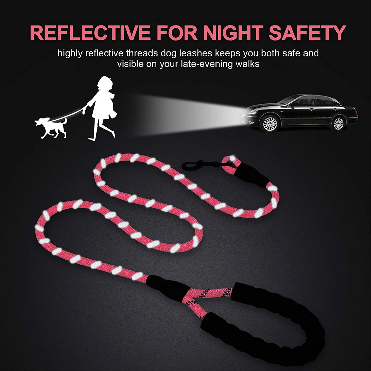 Reflective Strong Rope Dog Leash with Comfortable Padded Handle Heavy Duty Metal Clasp for Dogs for Pets (5 FT)PINK