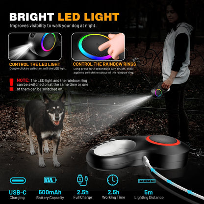 Retractable Dog Leash with Chew Proof Wire Rope, 20Ft Dog Leash Retractable Withlight, Poop Bag Dispenser