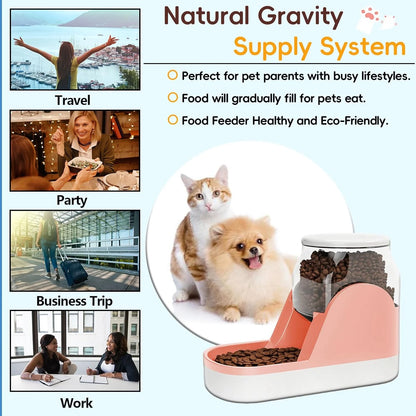 Automatic Dog Food Feeder Gravity Cat Food Dispenser Large Capacity Pet Self Feeding Station Bowl Dish for Small and Medium Dogs Cats，1 Gallon，Pink