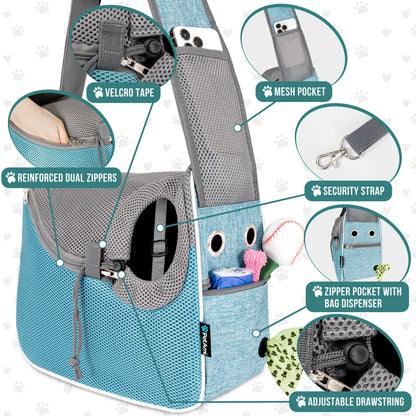 Small Dog Sling Carrier, Soft-Sided Crossbody Puppy Carrying Purse Bag, Adjustable Sling Pet Pouch to Wear Medium Dog Cat Travel, Dog Bag for Traveling, Breathable, Poop Bag Dispenser, Blue