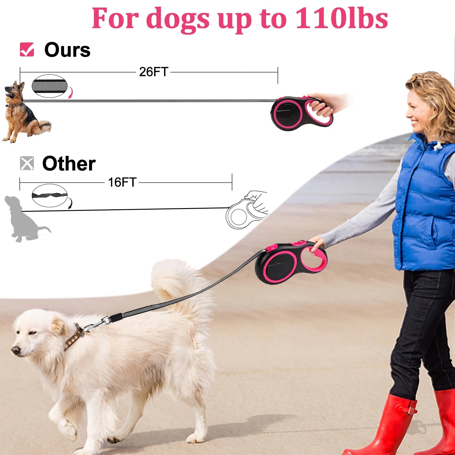 4 Pack Retractable Dog Leash,26Ft Dog Leash for Small Medium Large Dogs up to 110Lbs,360° Tangle-Free Reflective Nylon Tape,Adjustable Length,With Anti-Slip Handle,One-Handed Brake,Pause,Lock