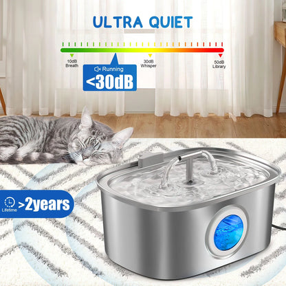Cat Water Fountain Stainless Steel,  108Oz/3.2L Pet Fountain with Water Level Window, Dog Water Dispenser Drinking Fountain with 4 Replacement Filters for Cats, Dogs