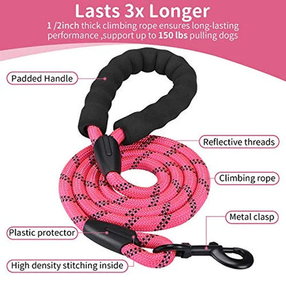 Dog Leash 6 FT with Comfortable Padded Handle, Highly Reflective Threads Leash for Medium Large Dogs, 1/2 Inch Diameter,Pink