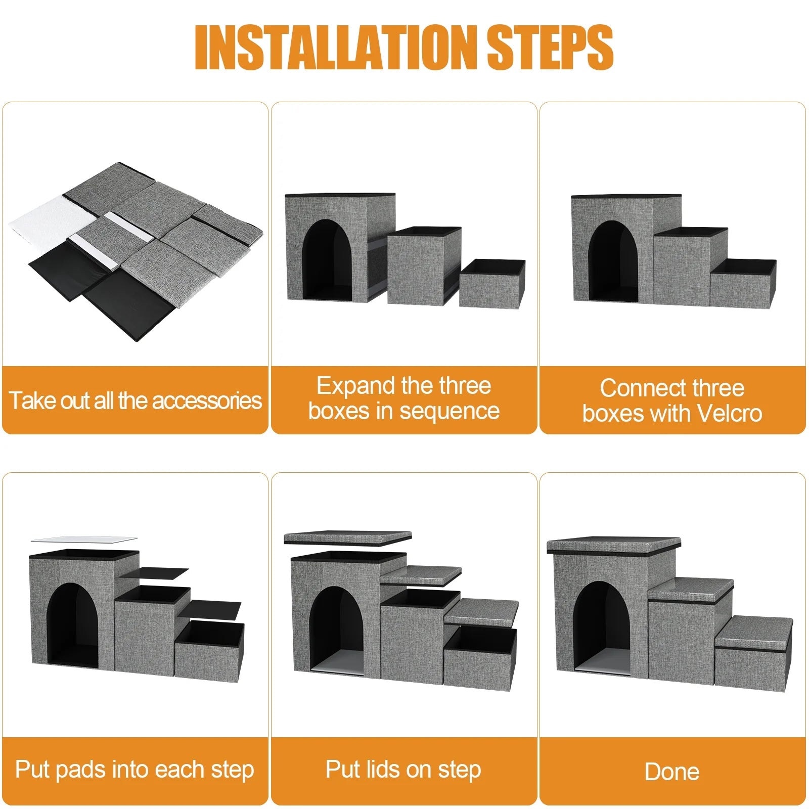 Dog Step Stair, 3-Step Pet Stairs with Storage Boxes, 17" Folding Dog Ramp Ladder for Small Medium Dogs