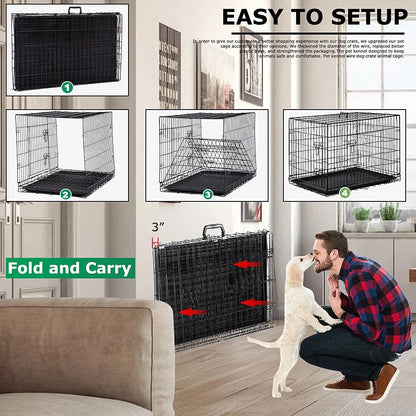 42 Inch Dog Cage for Large Dogs Indoor, Folding Dog Crates and Kennels Double Door, Black Dog Kennels for Large Dogs,Pet Cage with Tray Pan for Dogs