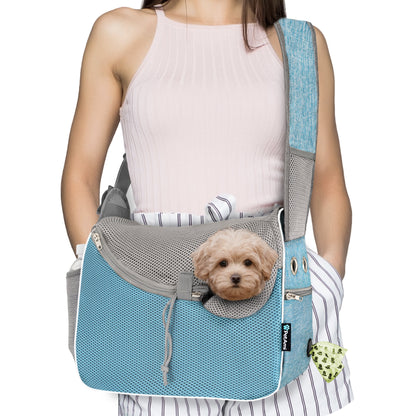 Small Dog Sling Carrier, Soft-Sided Crossbody Puppy Carrying Purse Bag, Adjustable Sling Pet Pouch to Wear Medium Dog Cat Travel, Dog Bag for Traveling, Breathable, Poop Bag Dispenser, Blue