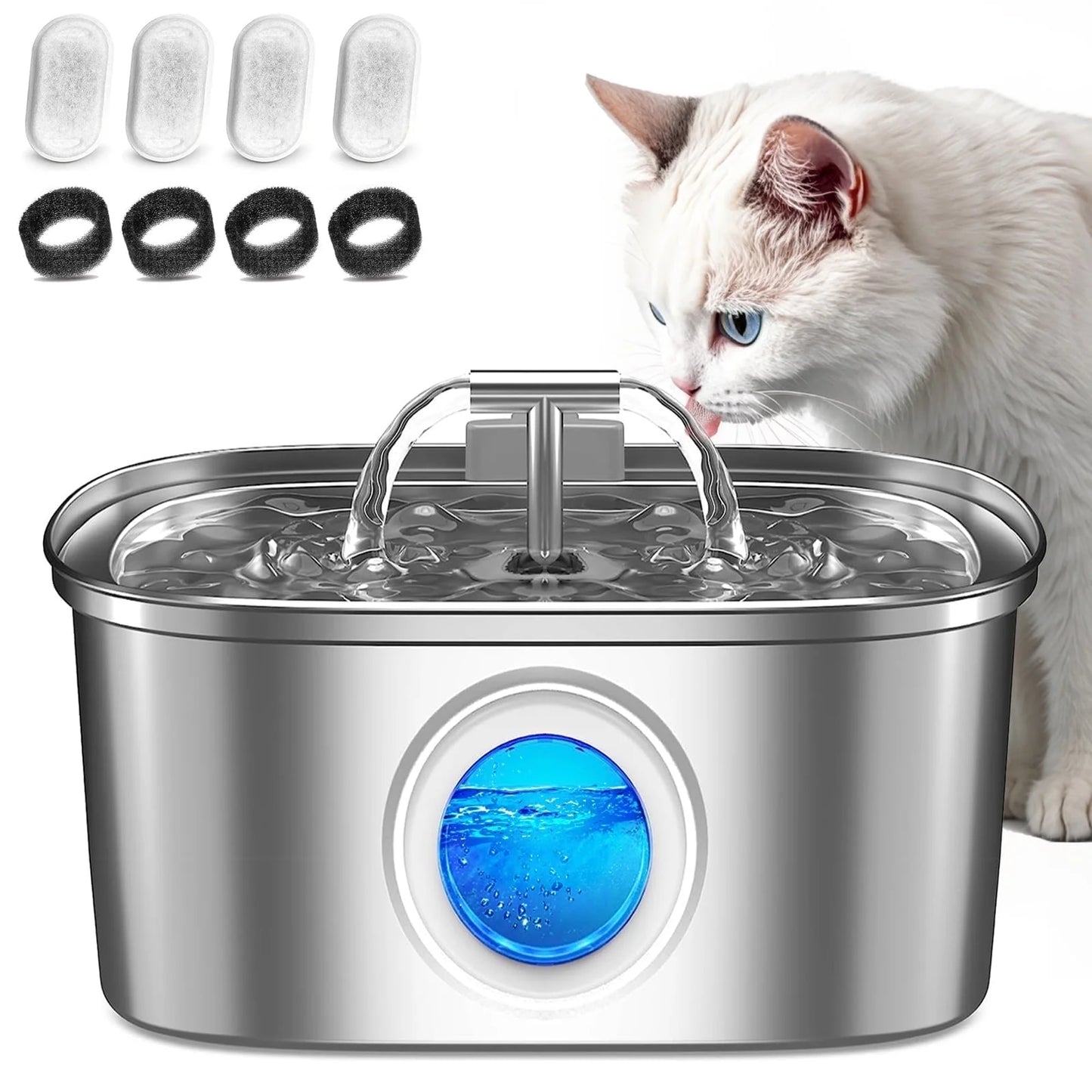 Cat Water Fountain Stainless Steel,  108Oz/3.2L Pet Fountain with Water Level Window, Dog Water Dispenser Drinking Fountain with 4 Replacement Filters for Cats, Dogs