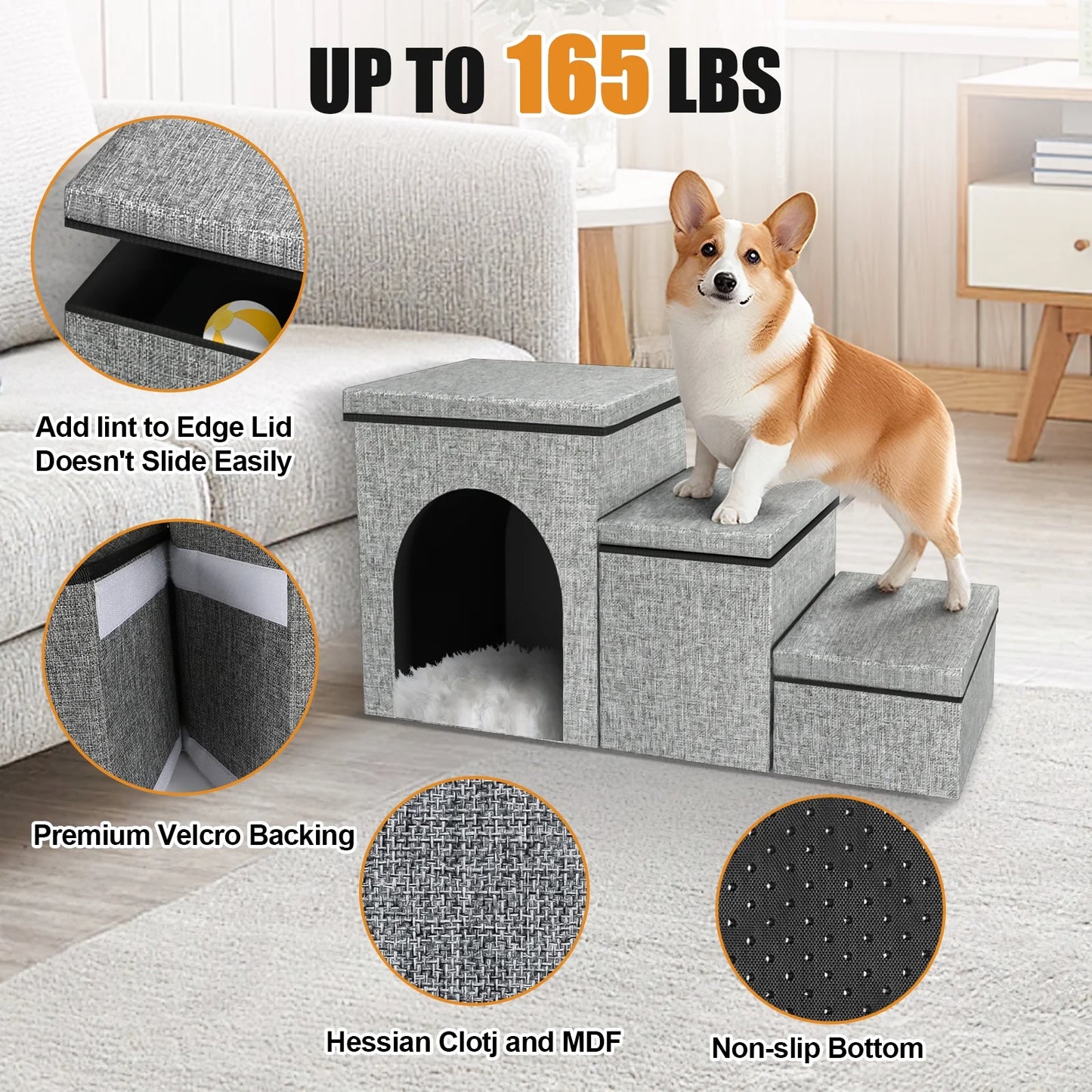 Dog Step Stair, 3-Step Pet Stairs with Storage Boxes, 17" Folding Dog Ramp Ladder for Small Medium Dogs