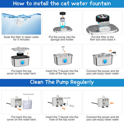 Cat Water Fountain Stainless Steel,  108Oz/3.2L Pet Fountain with Water Level Window, Dog Water Dispenser Drinking Fountain with 4 Replacement Filters for Cats, Dogs