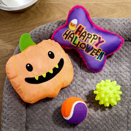 Halloween Dog Toys, 4 Piece Multipack, Orange Plush Pumpkin, Purple Squeaky Bone, Multicolored Tennis Ball, Yellow Spiky Ball
