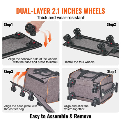 Cat Carrier with Wheels Airline Approved Rolling Pet Carrier 22 Lbs Grey for Cat Dog Small Medium Animals Kitten Puppy